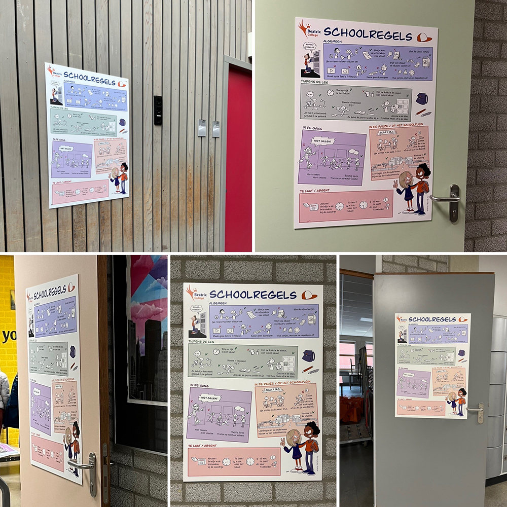 Collage van foto's van posters in schoolgebouw