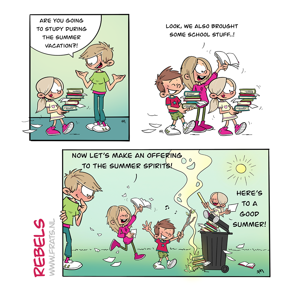 Plaatje uit strip van Rebels over het begin van de zomervakantie