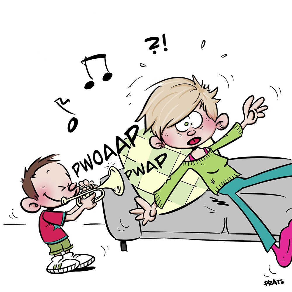 Plaatje uit strip van Rebels, jongetje met trompet die moeder laat schrikken