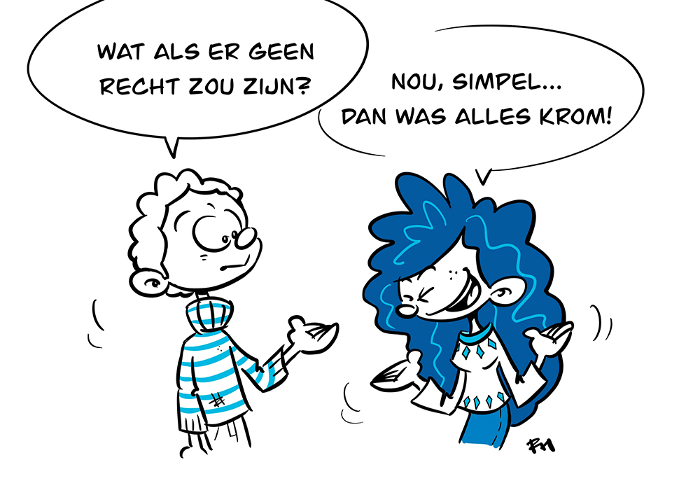 Cartoon van jongen en meisje die zich afvragen hoe het zou zijn als er geen recht is