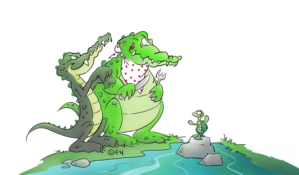 Twee krokodillen kijken verlekkerd naar een schildpadje op een rots